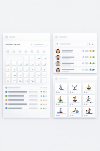 L'interfaccia pulita del dashboard mostra il calendario delle sessioni, la gestione degli studenti e le funzioni della biblioteca degli esercizi in un design moderno e minimalista.